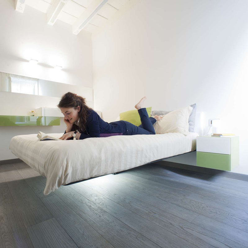 Supported by a meticulously designed single beam in the middle of it and secured to the wall by means of one of three headboard options, the Fluttua bed designed by Daniele Lago, appears to float effortlessly above the ground.