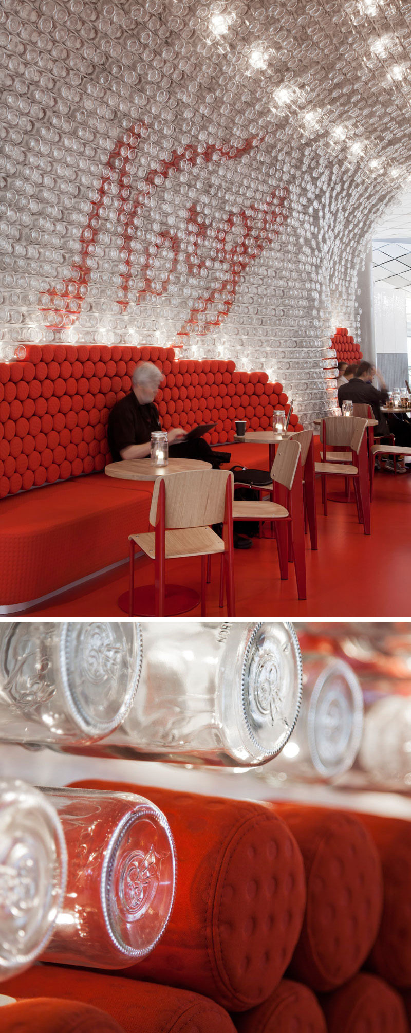 Over 4,000 glass jars were reused to the cover the ceiling and curved back wall of this modern airport bar in Oslo.