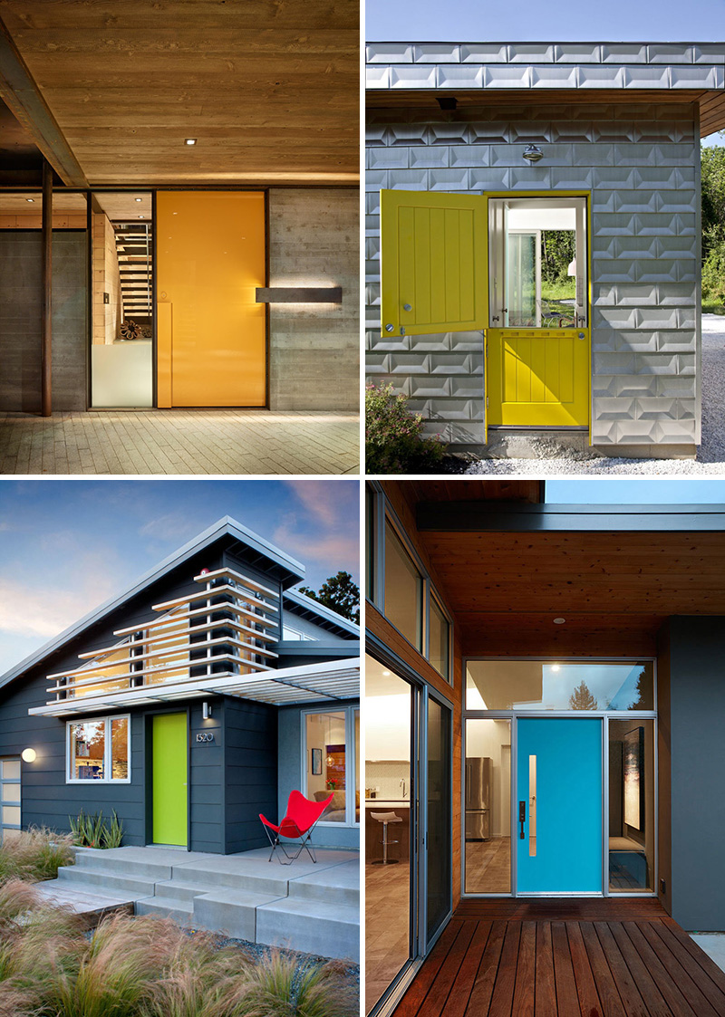 These modern front doors are unique and painted in different vibrant colors that make the houses stand out.
