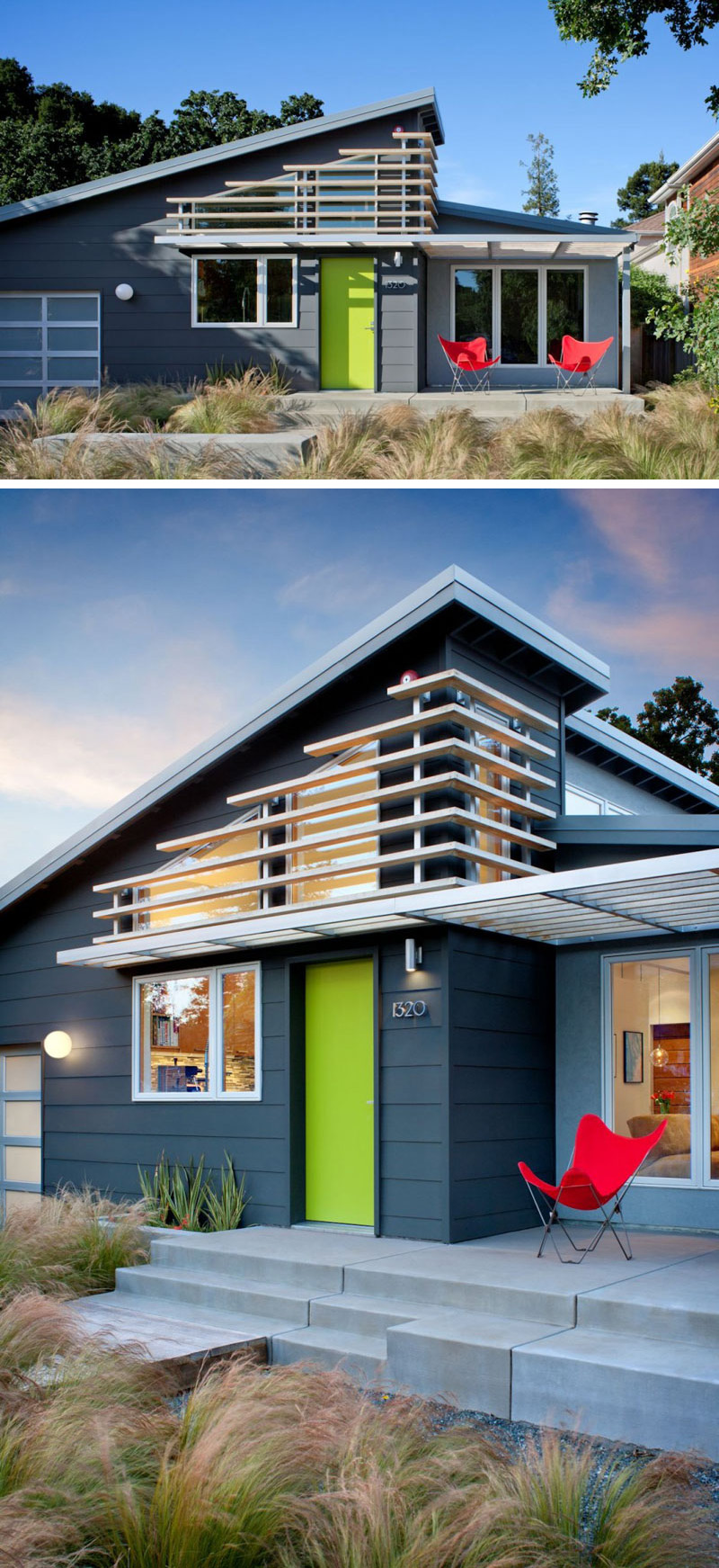 The bold, lime green front door of this modern house is very noticeable amongst the sharp geometric lines of the home.