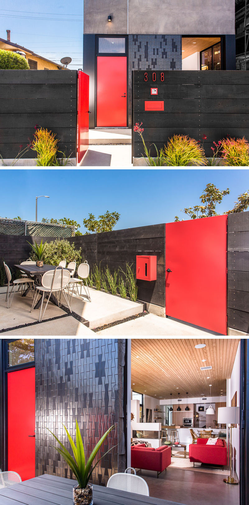  This modern house has two entrances that standout, one red gate leading onto the courtyard, and a red front door that leads into the home.