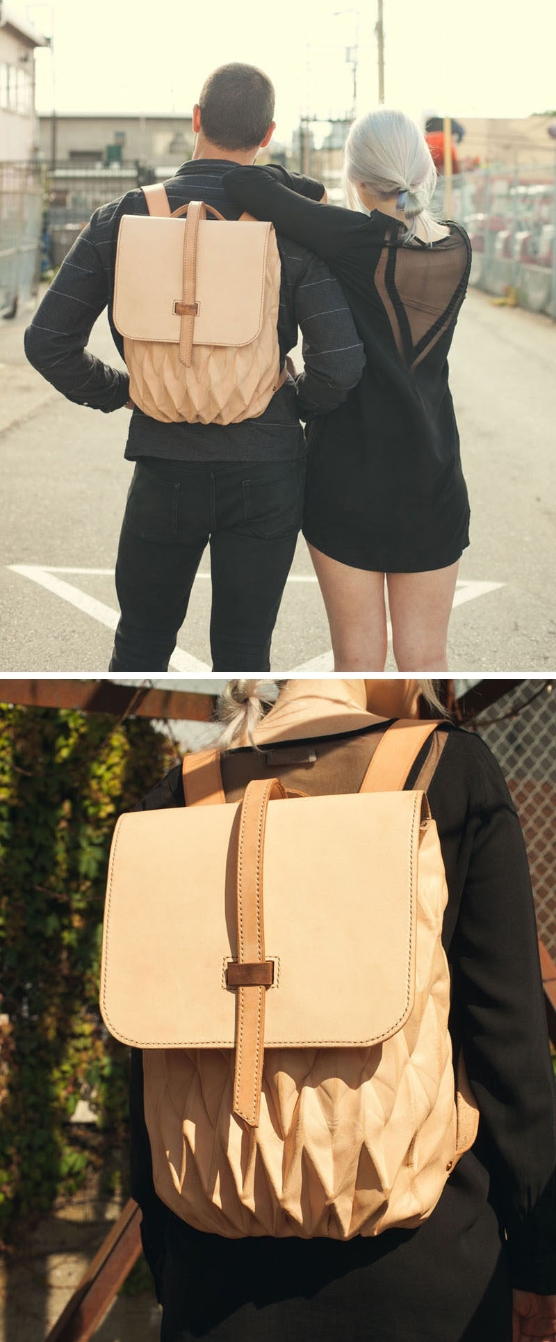 This backpack is made from vegetable tanned leather and was designed with versatility in mind. The origami folding system used on the body of the bag allows it to expand and contract as necessary to accommodate for both large and small objects.
