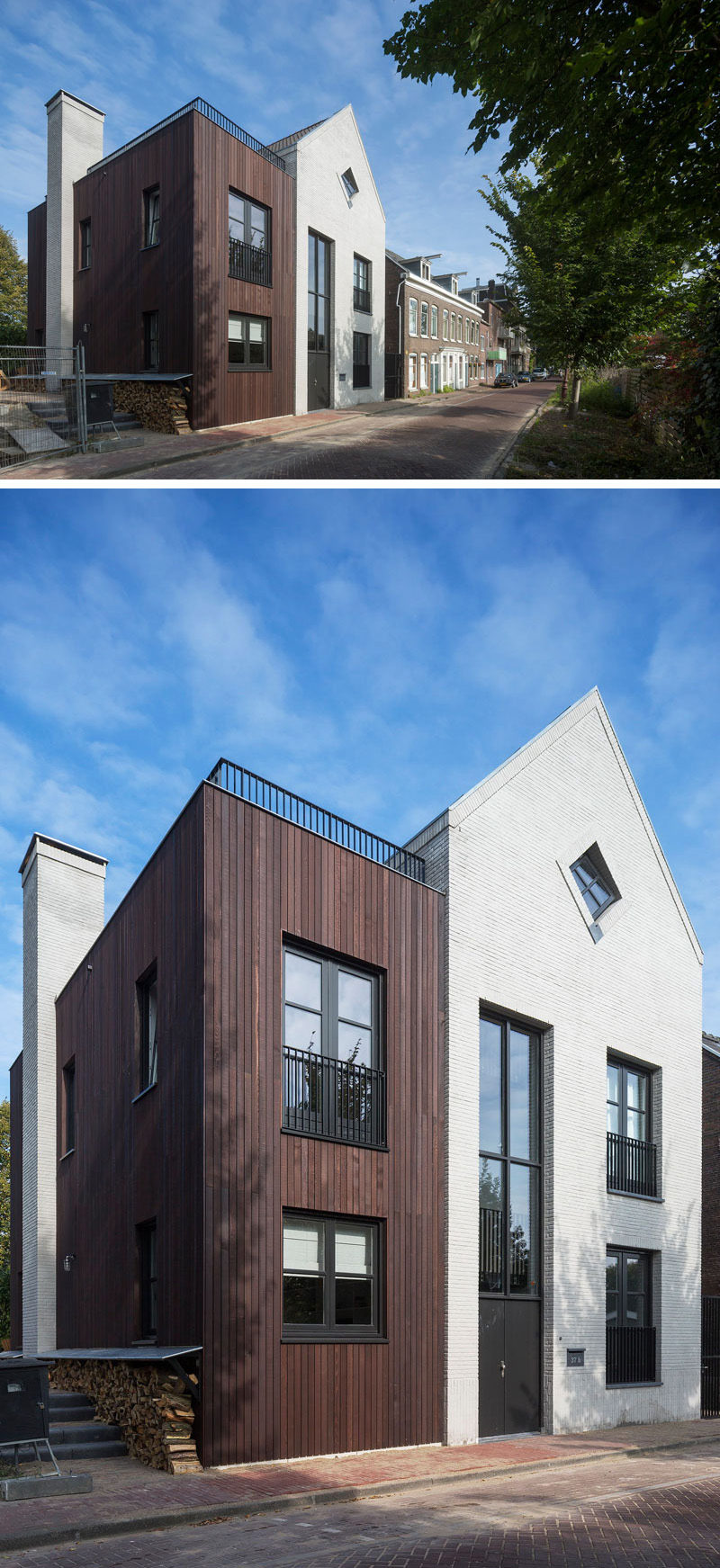 An exterior of white brick and dark wood make this modern home stand out on the street. The black door, and black window frames match the roof top terrace railing.