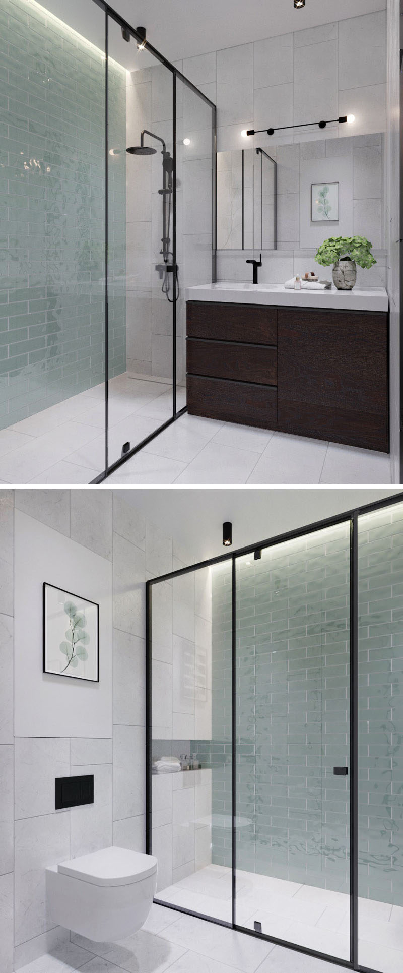 In this modern bathroom, floor-to-ceiling light green tiles add a soft touch of color to the otherwise black, white and wood interior. In the black framed glass enclosed shower, there's hidden lighting to add a calming glow to the bathroom. #ModernBathroom #BathroomDesign
