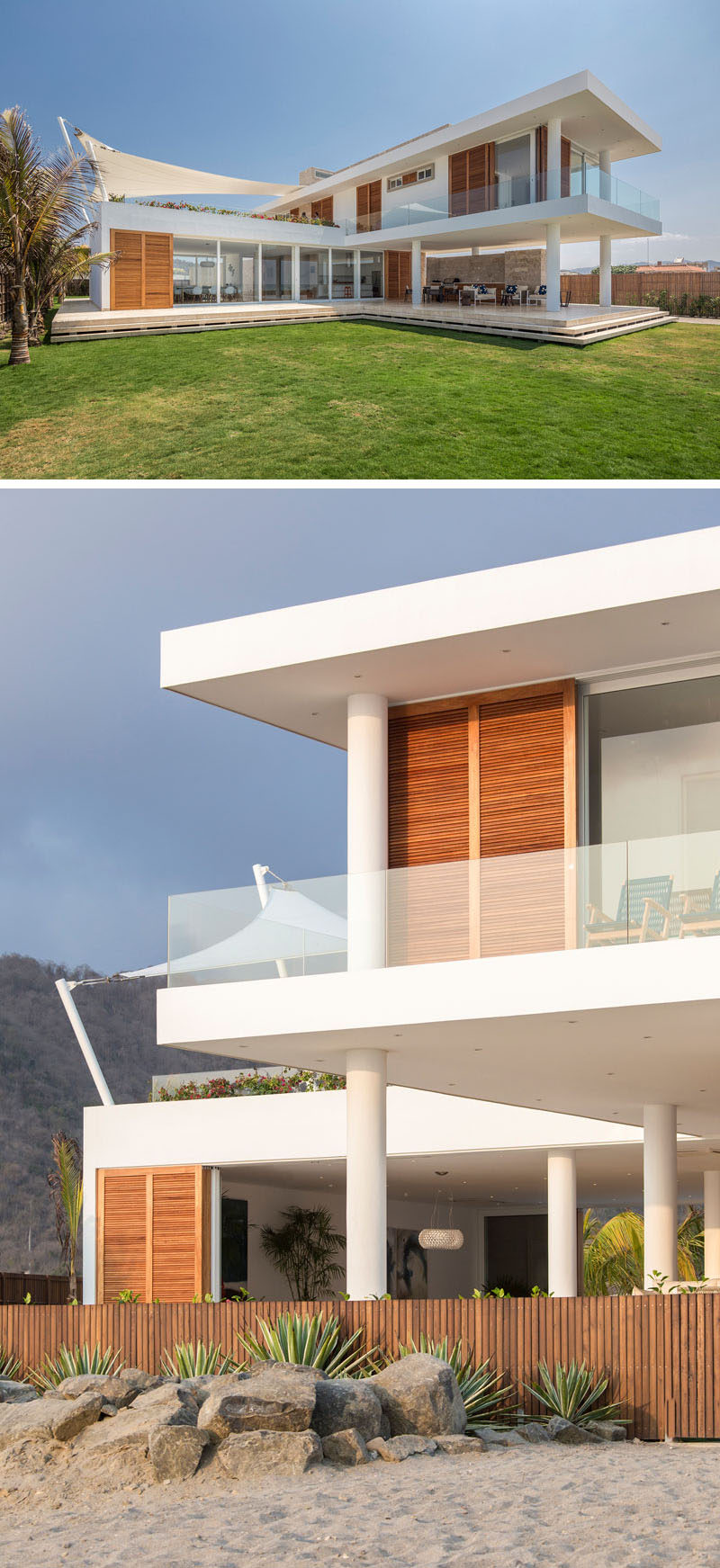 The placement of this modern beach house house allows it to have a large lawn and direct access to the beach.