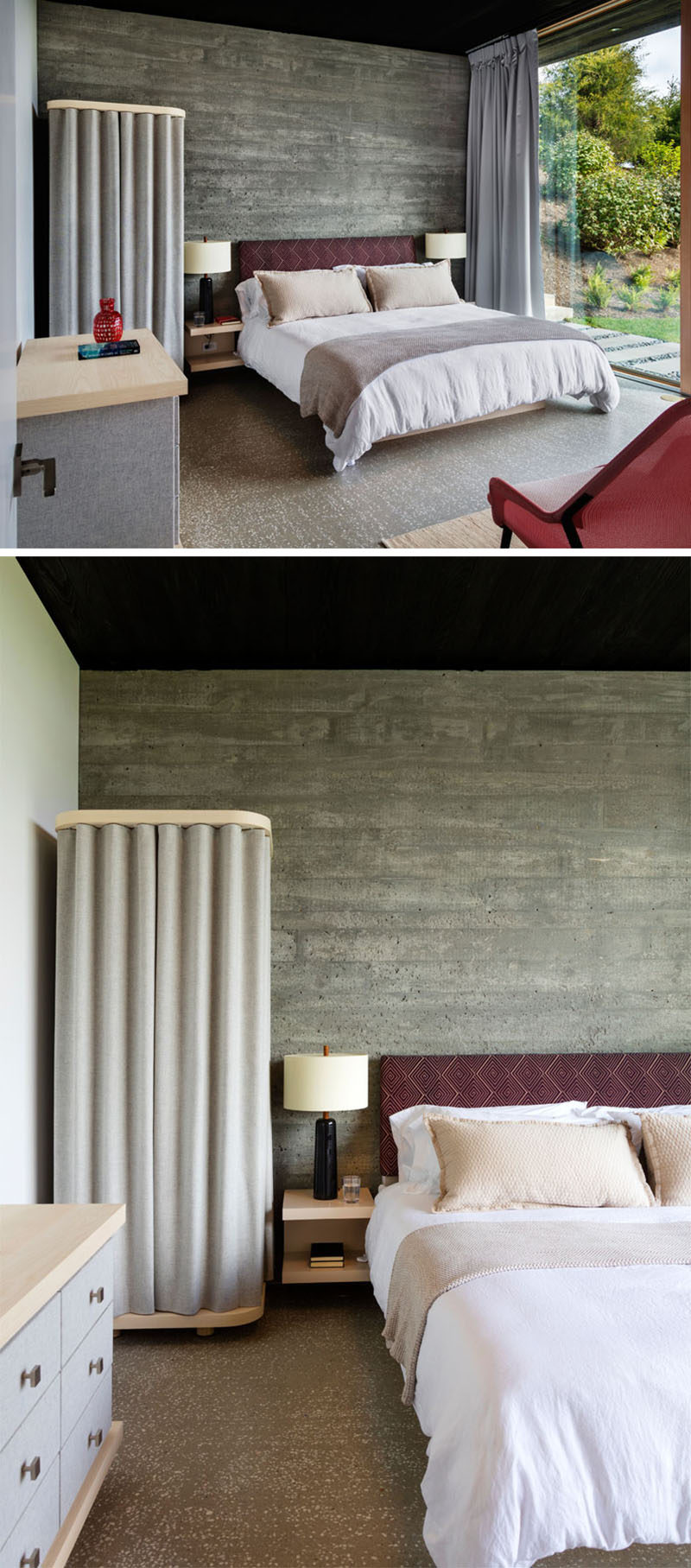 This modern bedroom has kept the concrete wall in its natural state, and it's softened by the use of grey curtains. Pops of deep red add a touch of color to the bedroom.