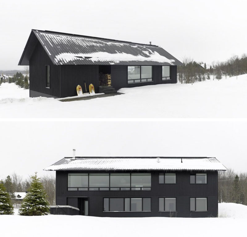 The black exterior of this modern home contrasts the winter landscape that exists most of the year. #ModernBlackHouse #BlackHouse #BlackExterior #BlackArchitecture