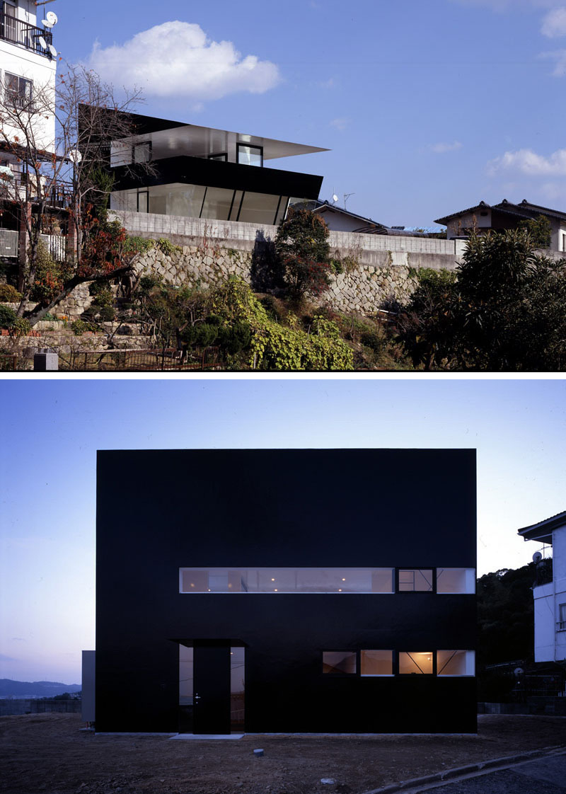 The unique angular design of this modern house and the all black exterior makes the home stand out from the rest. #ModernBlackHouse #BlackHouse #BlackExterior #BlackArchitecture