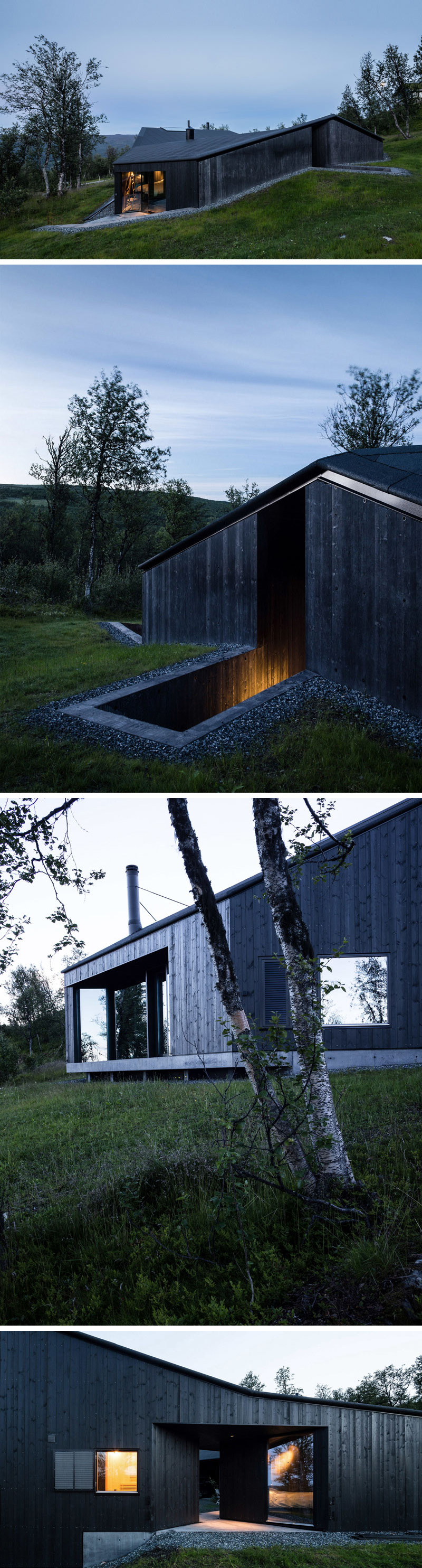 Blackened wood siding on this modern cabin allows the light coming from inside to cast a warm glow outside and gives the cabin a cozy look. #ModernBlackHouse #BlackHouse #BlackExterior #BlackArchitecture