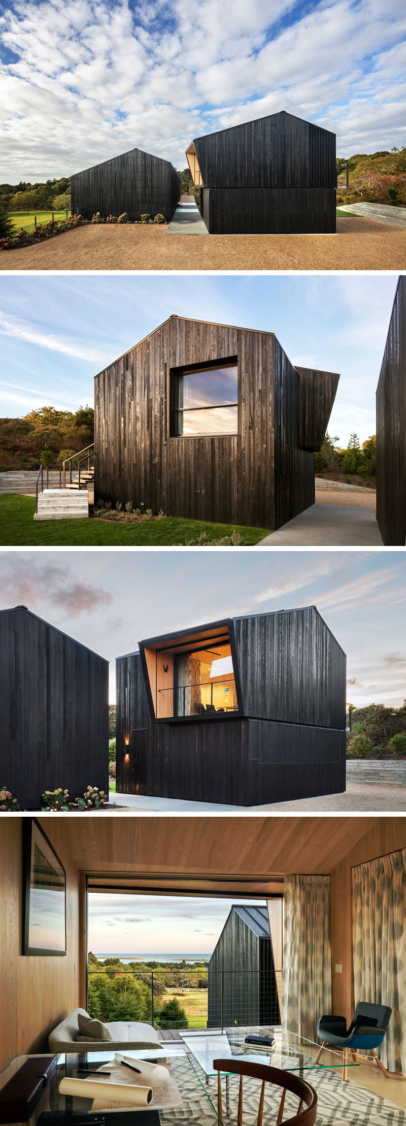 Shou Sugi Ban or blackened cedar wood siding, covers this modern house and separate garage. Upon arriving at the house, you see that the garage and the house are split, with a pathway between the two. A home office with views of the water sits above the garage and can be reached via a set of stairs on the exterior of the garage.