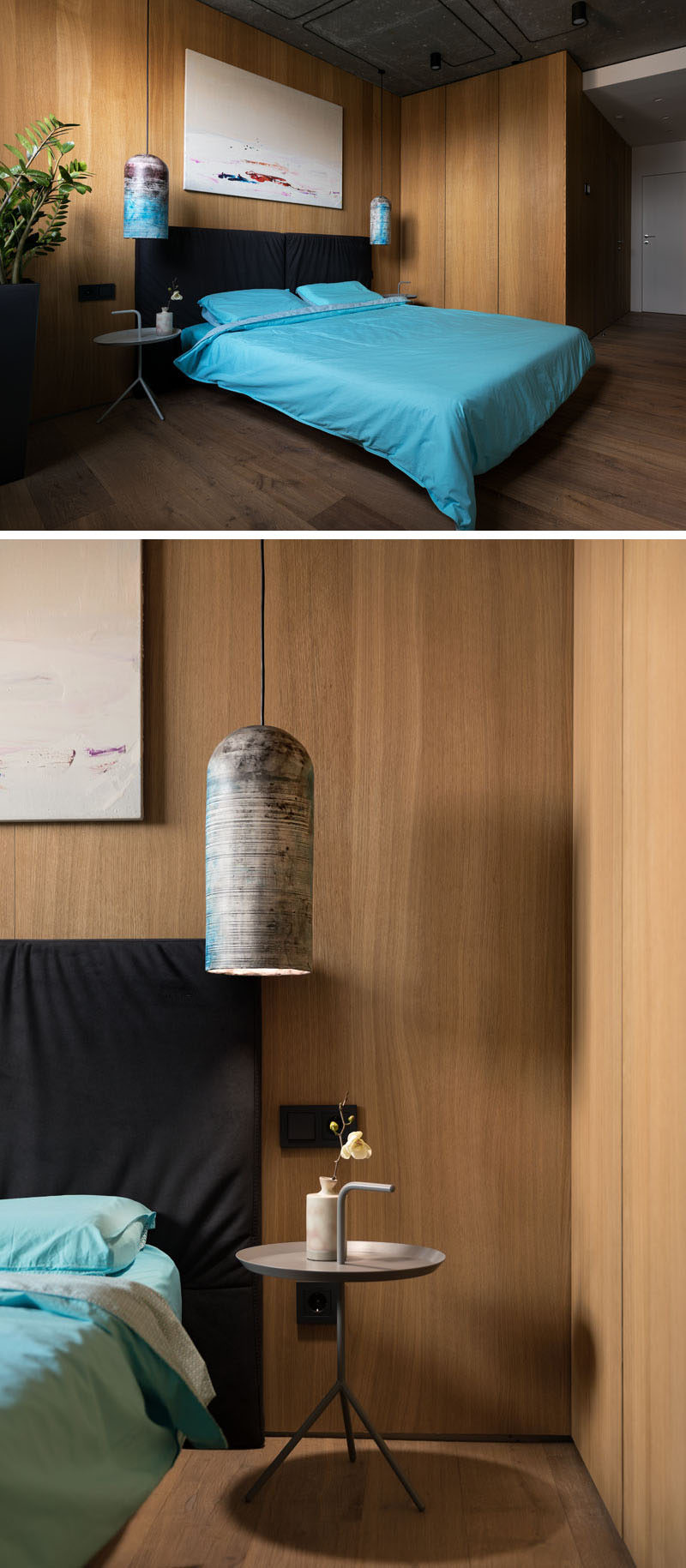 This modern guest bedroom has wood walls and floors, adds a punch of color with use of teal bedding and colorful pendant lights. A simple art piece hangs above the bed to break up the wood wall.