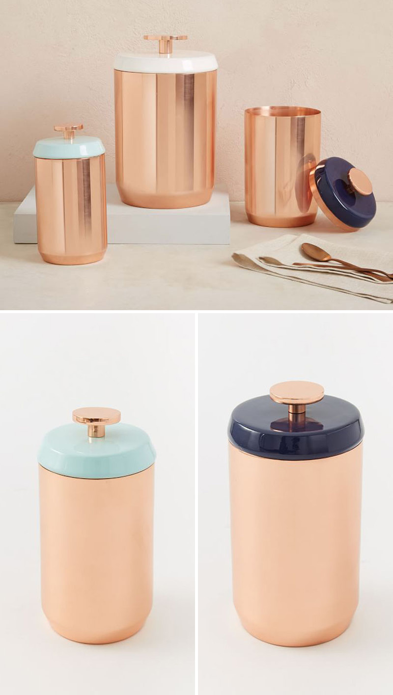 With the ability to jazz up any kitchen, these modern copper canisters have different colored enamel lids with easy to use knobs. #PantryIdeas #StorageIdeas #KitchenStorage #KitchenJars #ModernJar #ModernCanister #PantryJars