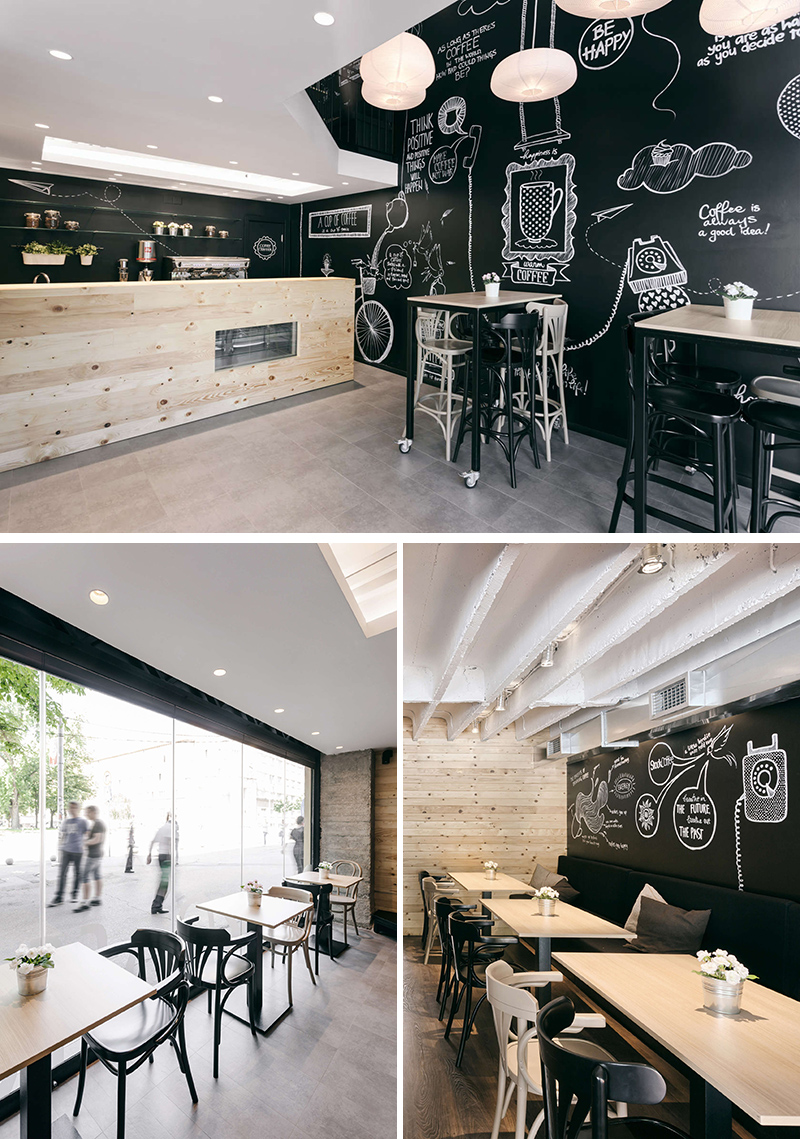 This modern coffee shop features original hand-drawn illustrations and a simple palette that combines an industrial look with natural materials.