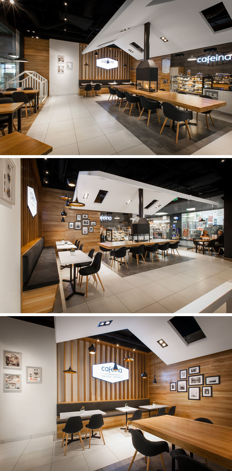 This cafe has a modern style and a cozy feel thanks to the centrally located fireplace and comfortable seating.