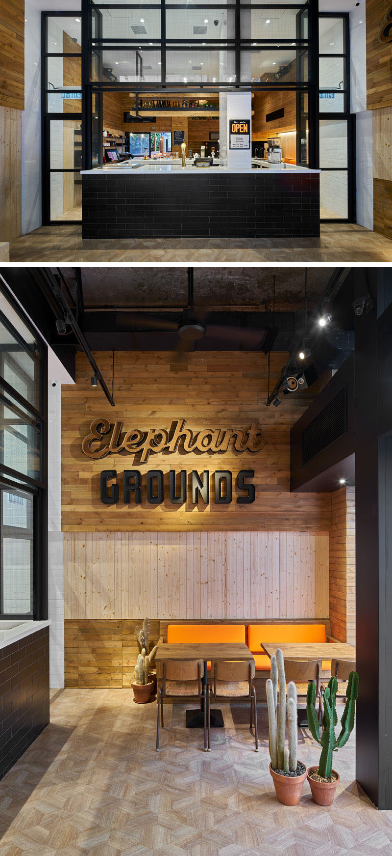 Black bricks and a white countertop are surrounded by black frames that match the front of this modern coffee shop. On the other end of the bar and opposite the tiered seating, are two wood tables with banquettes.