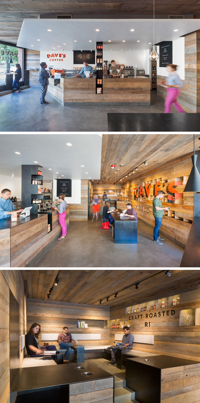 3six0 Architecture designed Dave’s Coffee, a modern espresso bar and coffee shop that features aged cedar boards on the walls and ceilings.