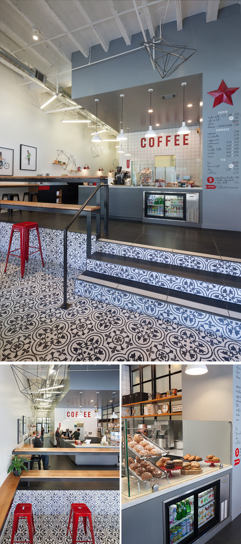 Arcsine Architecture designed Modern Coffee, a modern coffee shop in Oakland, California with a fun interior, featuring a stylish pattern floor, and a wide range of seating options to allow for casual conversation, quiet people watching, or collaborative work.