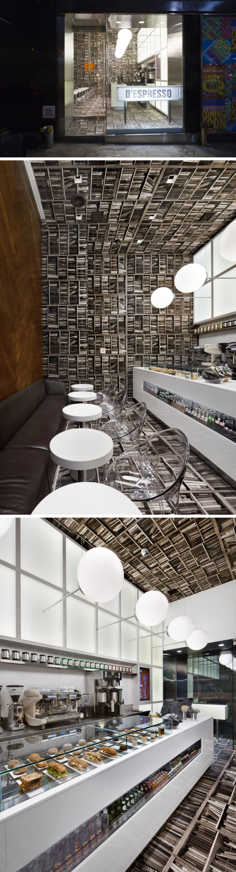  Nema Workshop designed this small modern espresso cafe in New York City to look like a library flipped on it's side - with herringbone wood walls, wallpaper on the floor, ceiling, and far wall, and light fixtures sticking out from the wall above the bar.