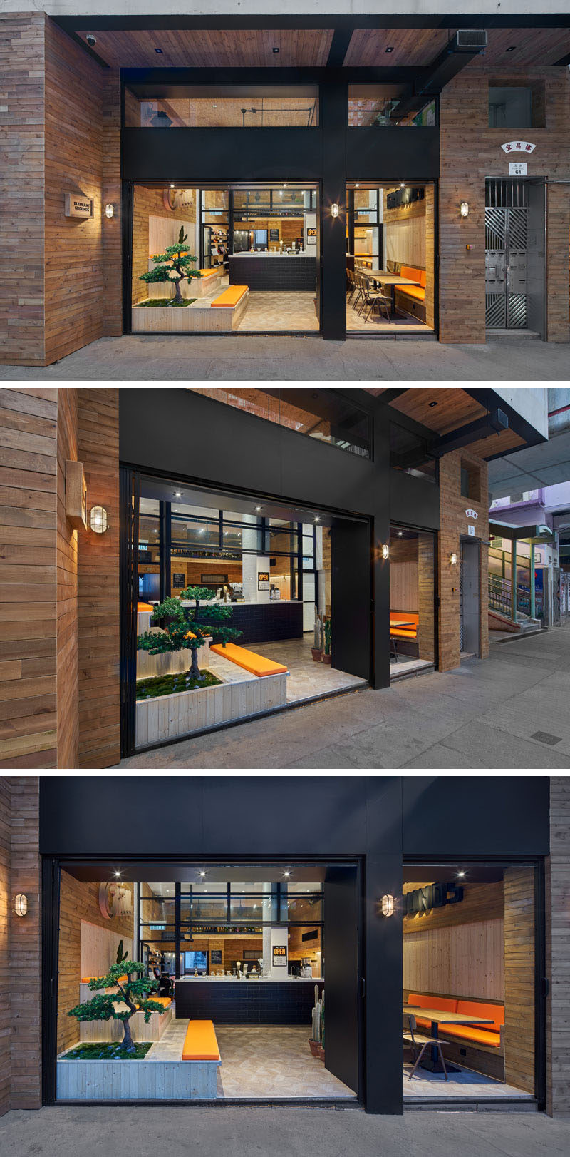 The facade of this modern coffee shop is open to the street and defined by a dual black door frame surrounded by wood.