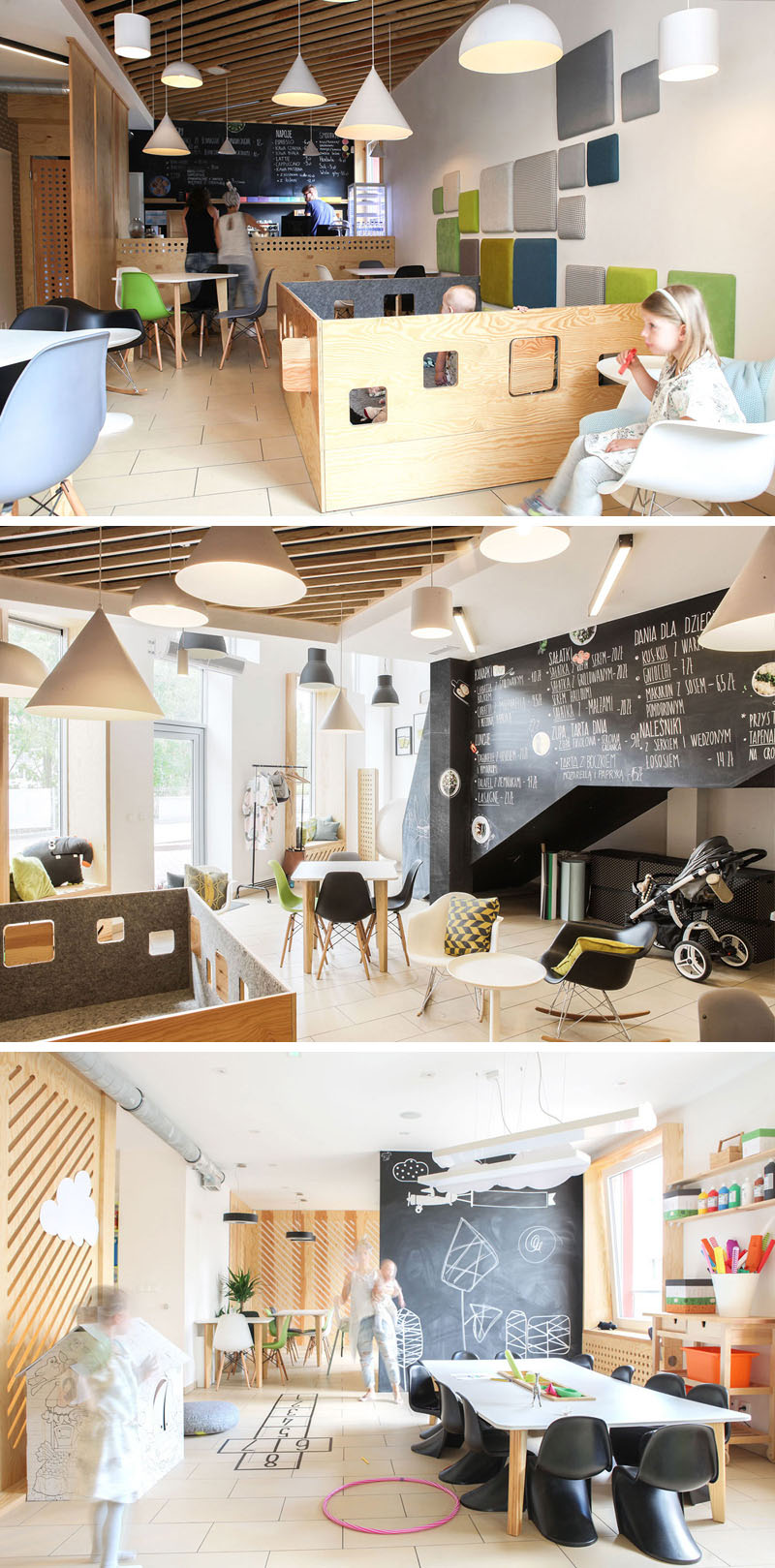 With chalkboard paint on a number of the walls, lights in various sizes and shapes, and an arts and crafts area, this modern coffee shop is the perfect place to spend a family afternoon.