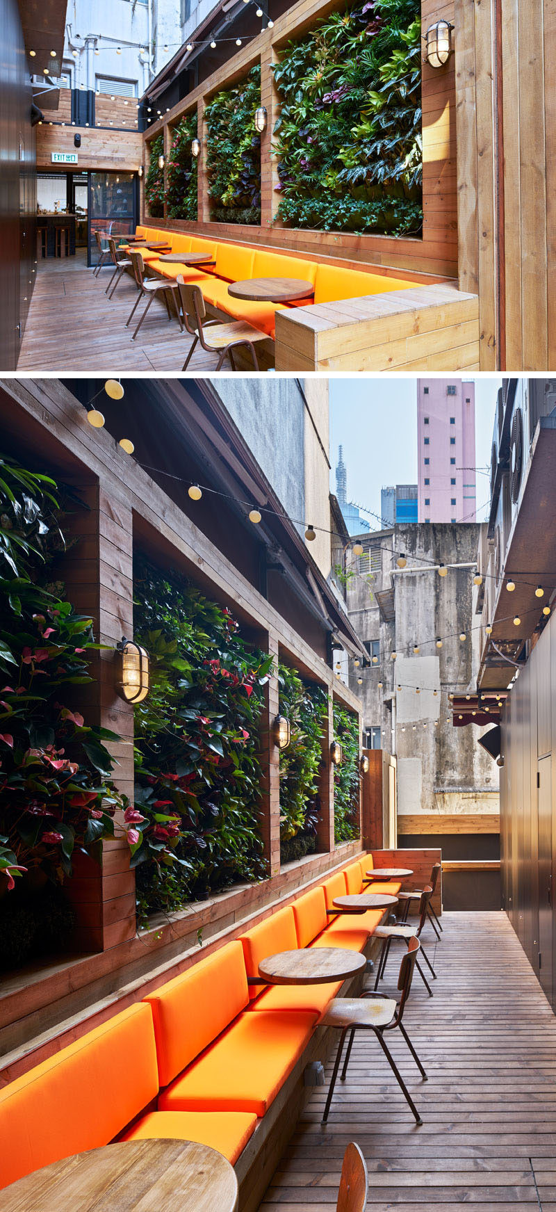 This modern coffee shop has an outdoor patio area with a living green wall and a zigzag string of lights above the seating area add a whimsical touch.