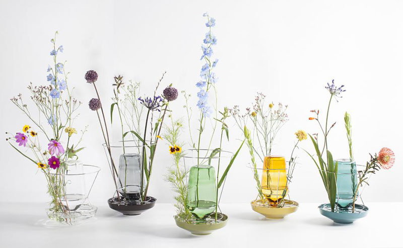 Rotterdam-based designer Chris Kabel has created a collection of contemporary glass, metal and ceramic vases that show off the stems of the flowers, instead of hiding them away.