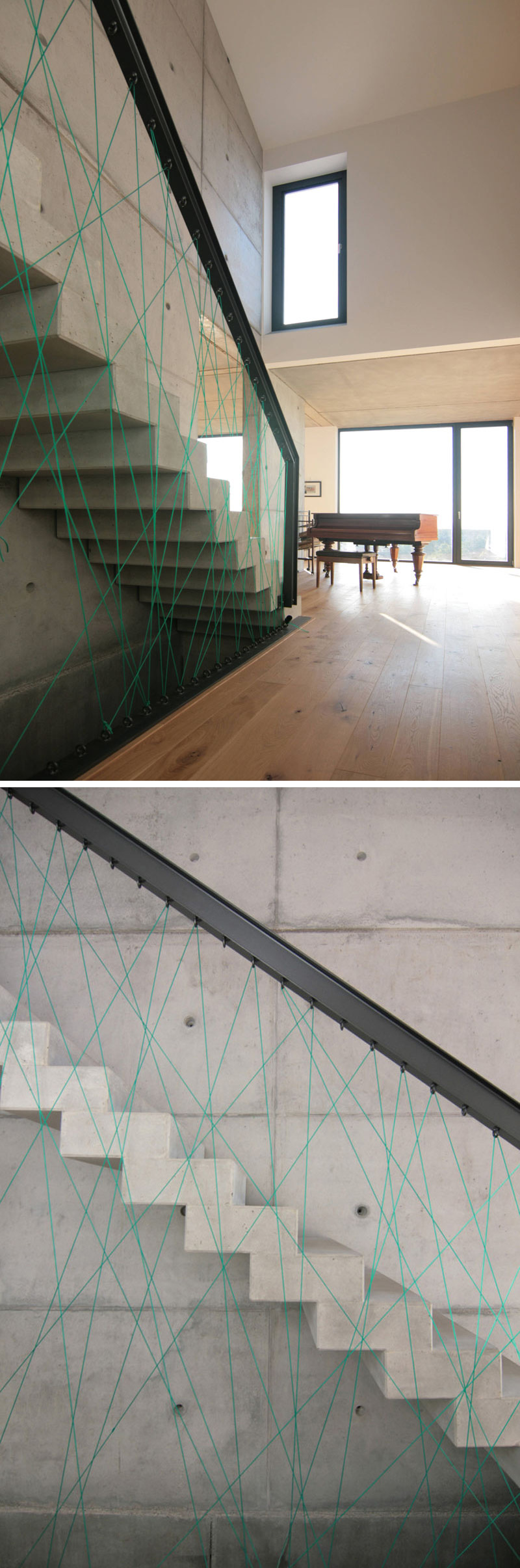 Blue rope, black steel railings, and concrete angular stairs give these stairs a modern look and make sure that those going up and down are always safe.