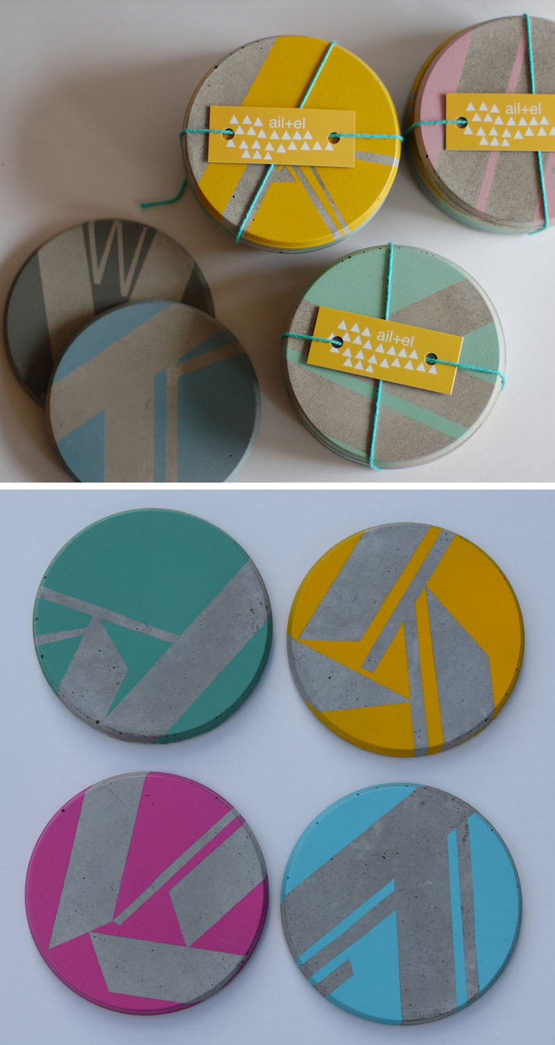 These circular concrete coasters feature geometric color blocking on the surface making them fresh and modern.