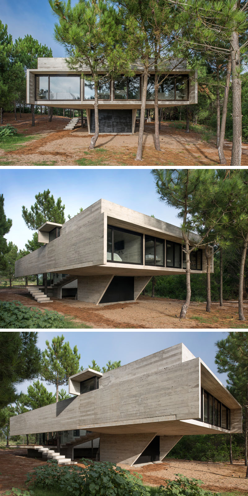 This modern house is made almost entirely from board formed concrete, creating lines of texture on the concrete resembling wood. Minimalist in design, the house is tucked neatly behind the trees.