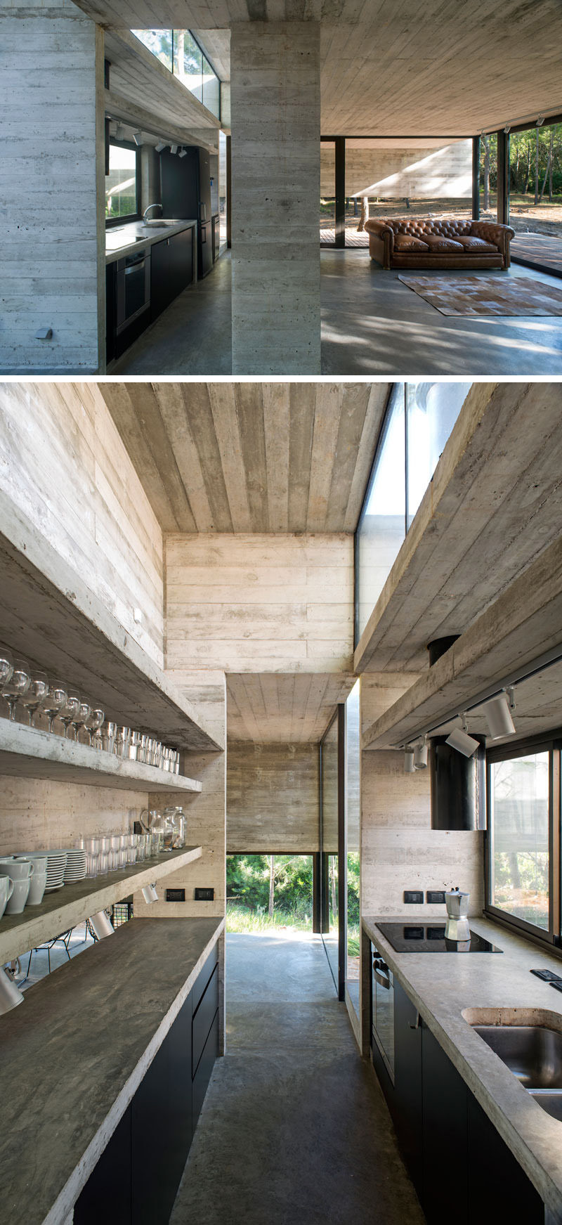 Clerestory windows allows light to bounce off the concrete walls and ceiling making the room brighter. Matte black cabinetry match the black window frames throughout this modern house.