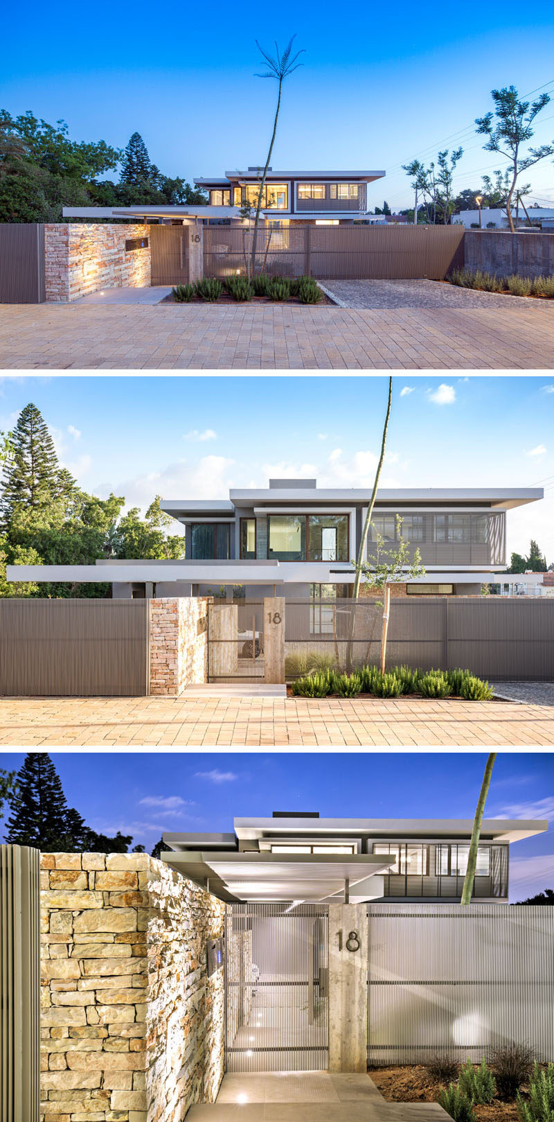 At the front of this modern house, there's a stone driveway that leads to a large gate and visitor entrance, that partially hides the view of the house.