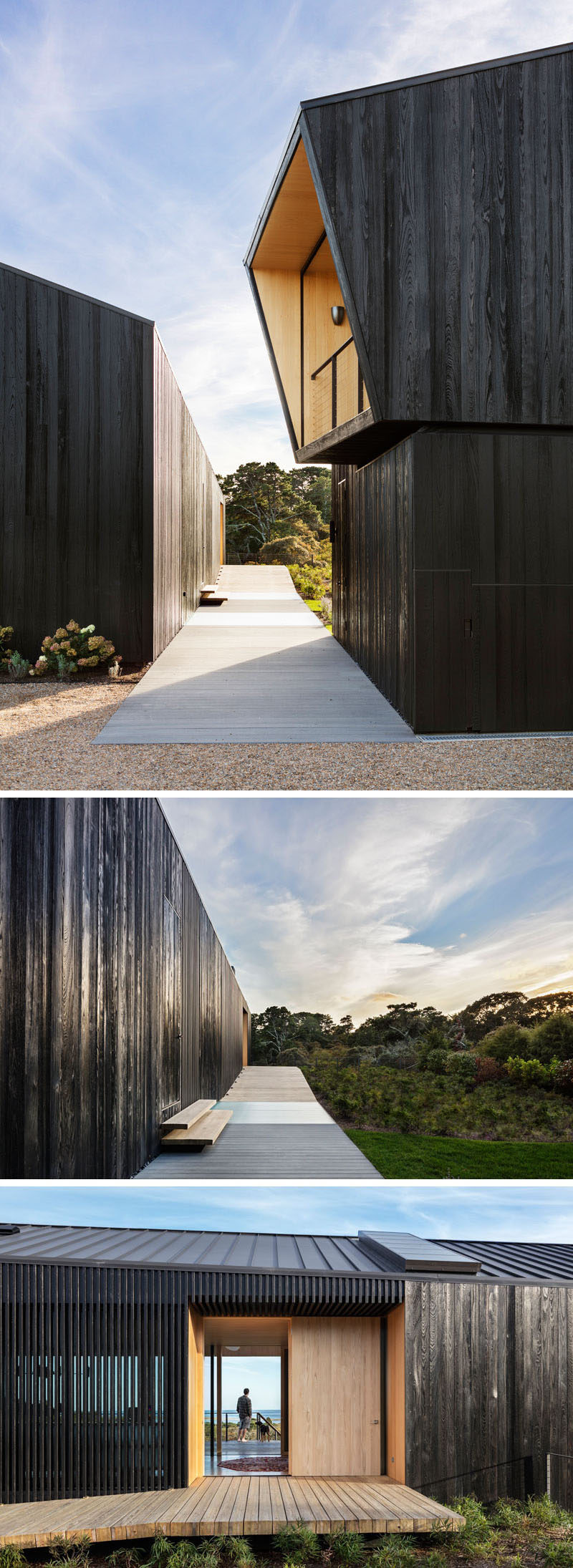 A wood ramp that runs from the garage and alongside the back of the house, provide a pathway to the main entrance. A light wood front door welcomes you to the home.