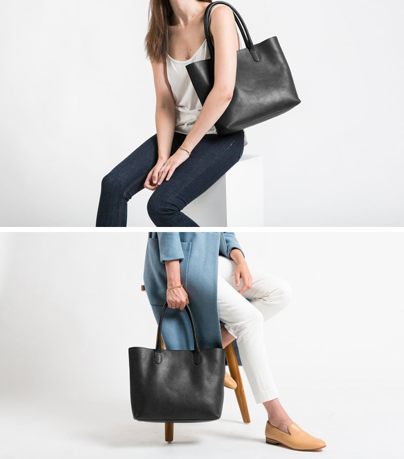 This modern black leather tote is the perfect size to carry around with you all day.