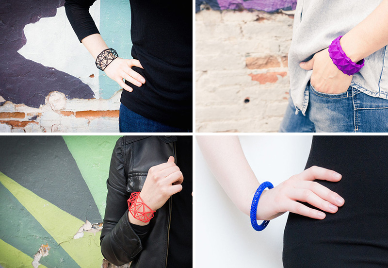 These modern geometric bracelets are 3D printed using nylon and plastic as the main materials. 