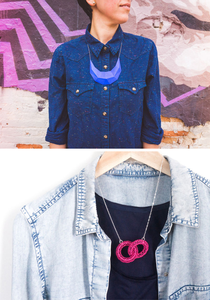 These modern necklaces are blue and pink and are 3D printed using nylon and plastic as the main materials. 