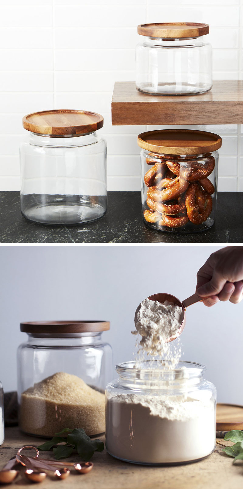 With a gorgeous acacia wood lid to keep food fresh, these modern clear glass jars make it easy to see all of the delectable snacks inside.  #PantryIdeas #StorageIdeas #KitchenStorage #KitchenJars #ModernJar #ModernCanister #PantryJars