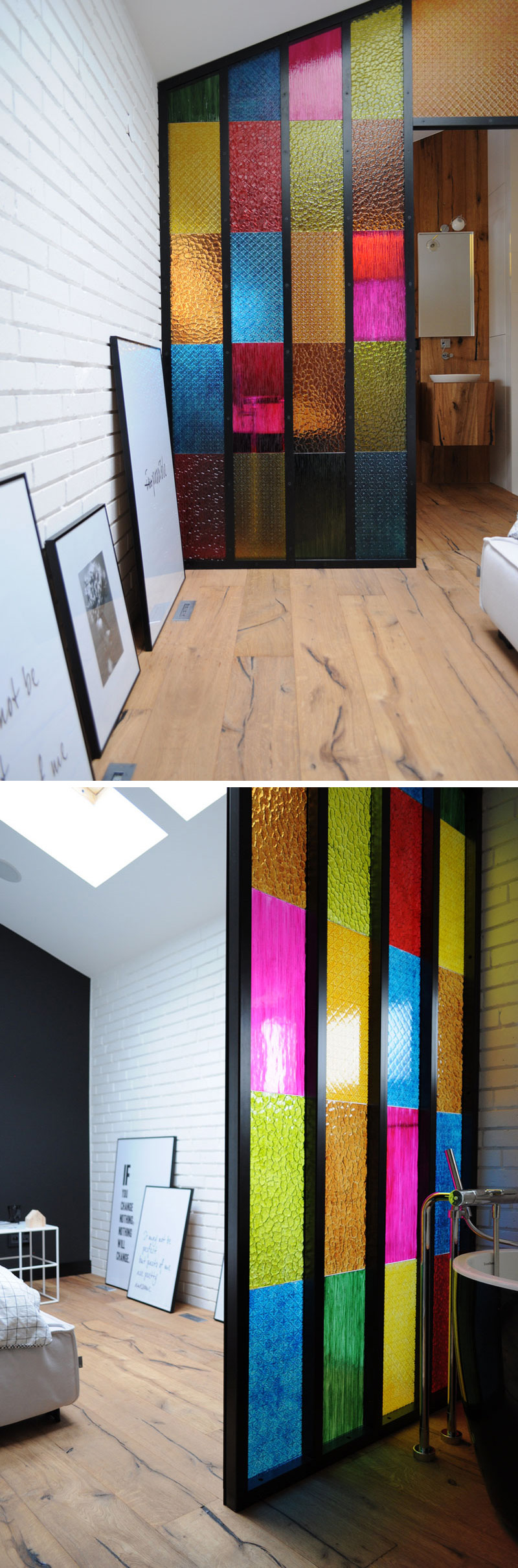 Textured colored glass is used for this bathroom wall which creates privacy, but also brightens up the room with rich colors.