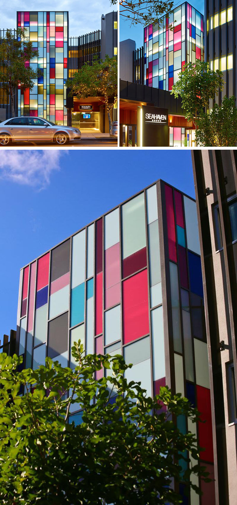 The front facade of this resort is covered in colored rectangular windows that add a pop of color to the street.