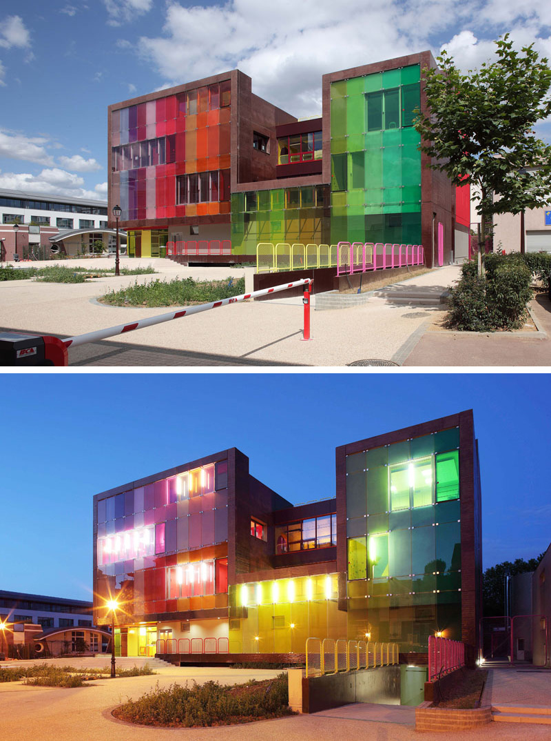 This modern building is a sports and leisure centre for kids that was created with cheerfulness in mind. The colored glass on the exterior continues thematically on the inside of the building, where rooms are divided by color.