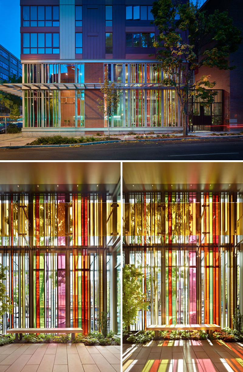  Strips of translucent and colored glass windows make this modern church radiate with mosaic patterned colors on the outside, and inside.