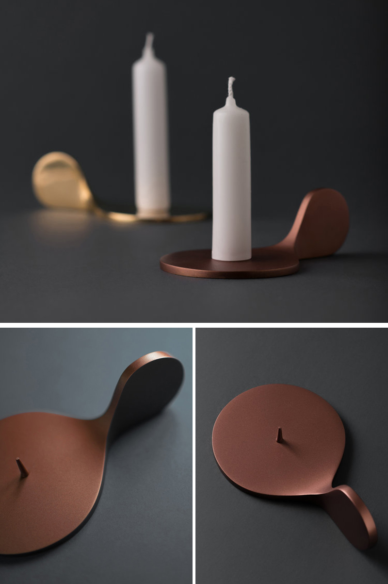 These modern gold and bronze metal candle holders are minimalist in their design and easy to use.