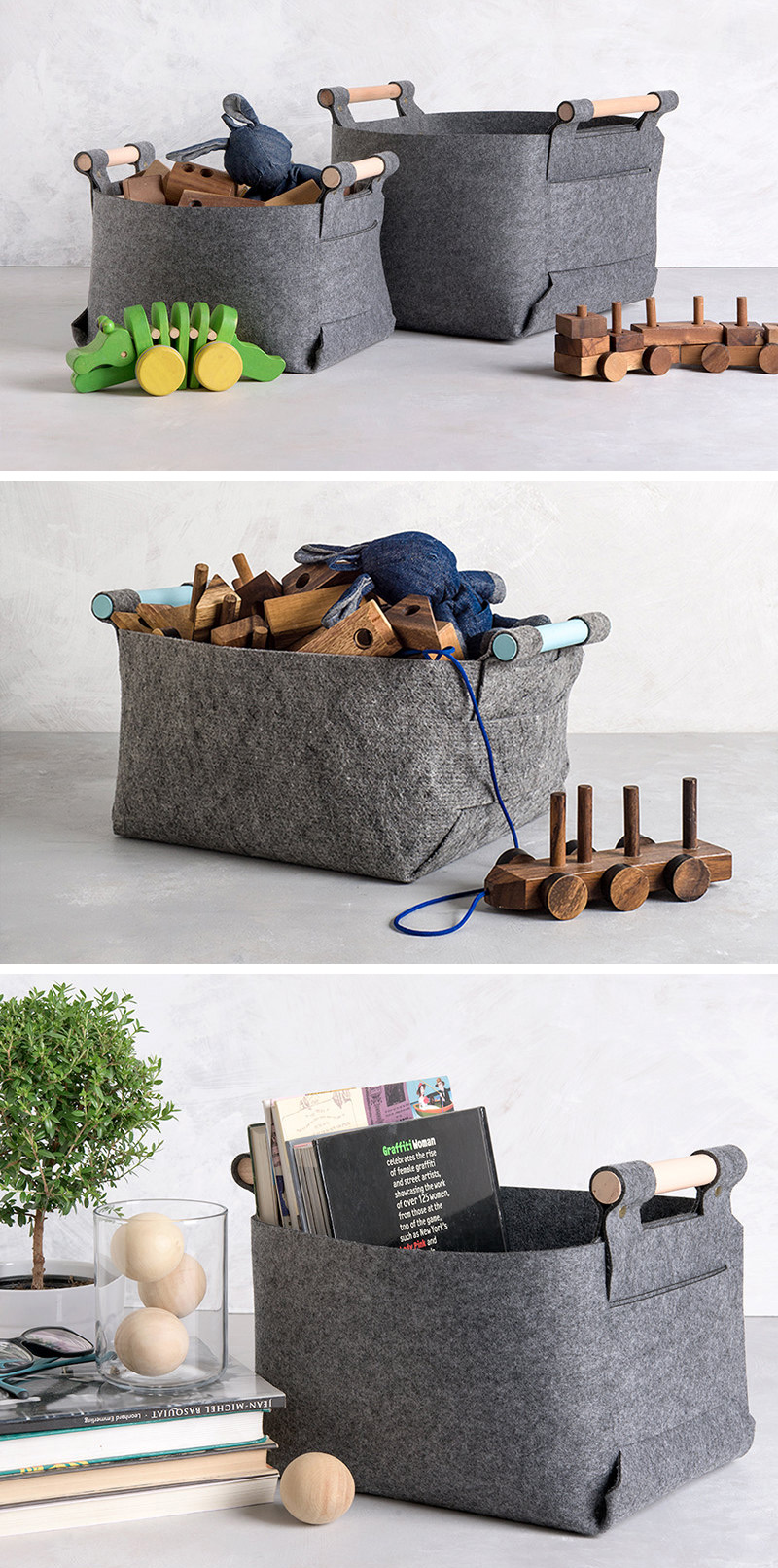 The sturdy form of these modern, grey felt storage baskets means they can hold anything and everything from books and magazines, to blocks and toys