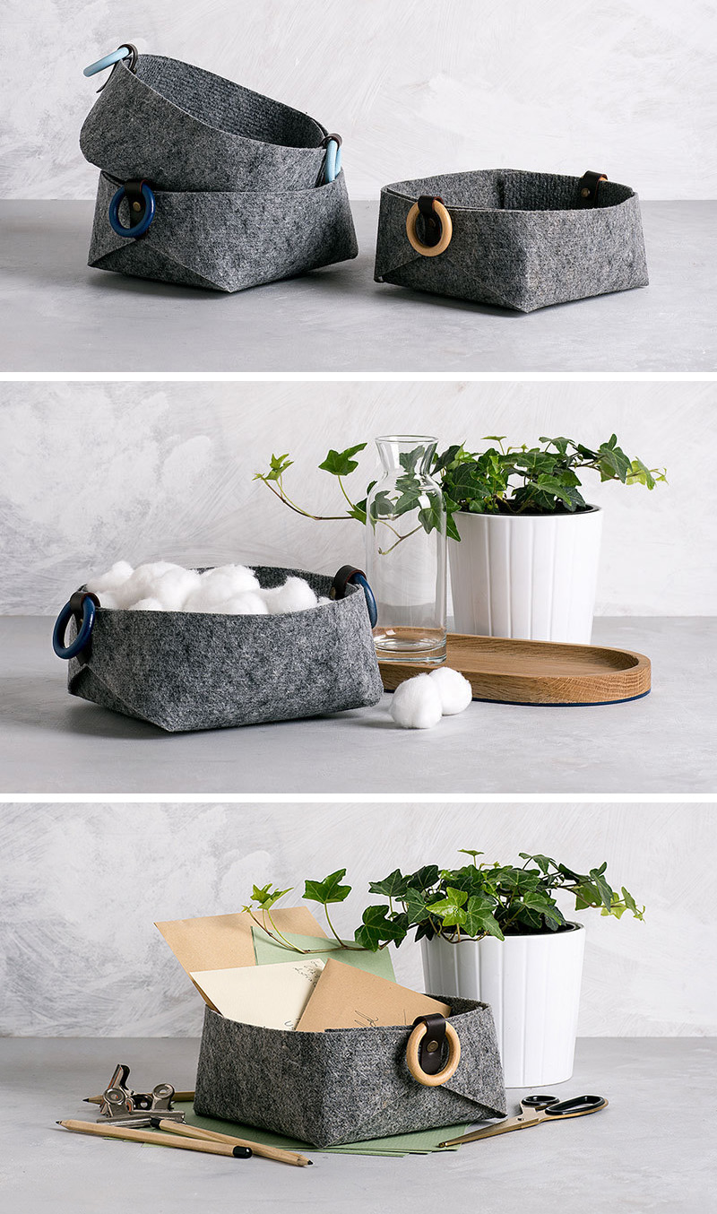 These small and modern grey felt baskets can be used like catch-alls at the front door, or as small storage vessels in the bedroom.