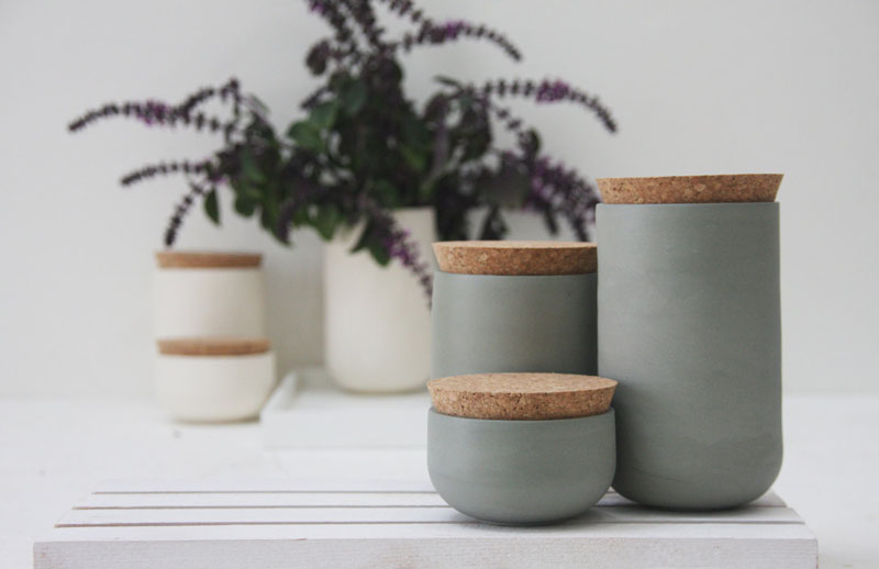 Whether for flour, sugar, or spices this modern grey ceramic set has three differently sized jars to store your goods. #PantryIdeas #StorageIdeas #KitchenStorage #KitchenJars #ModernJar #ModernCanister #PantryJars