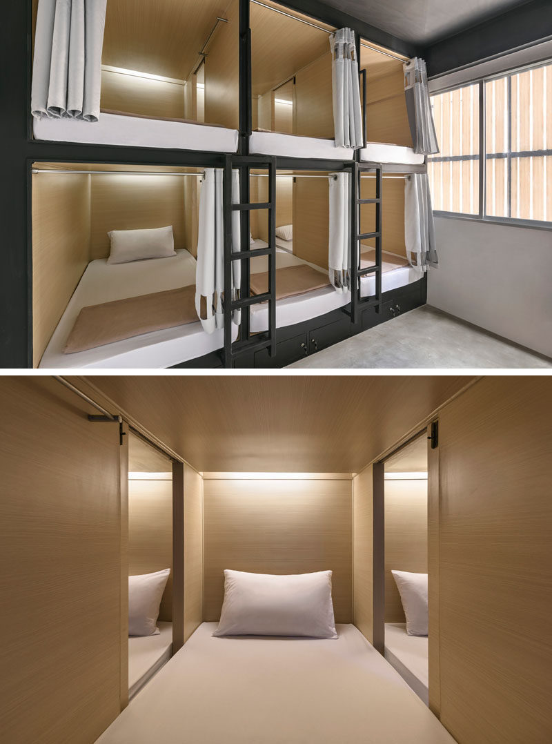 In this modern hostel in Bangkok, there are pod beds where each person has their own bed, with a curtain for privacy. Sliding doors allow you to easily chat to the person next to you.