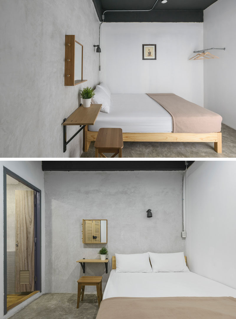 This modern hostel in Bangkok, has a simple neutral color palette paired with concrete walls.