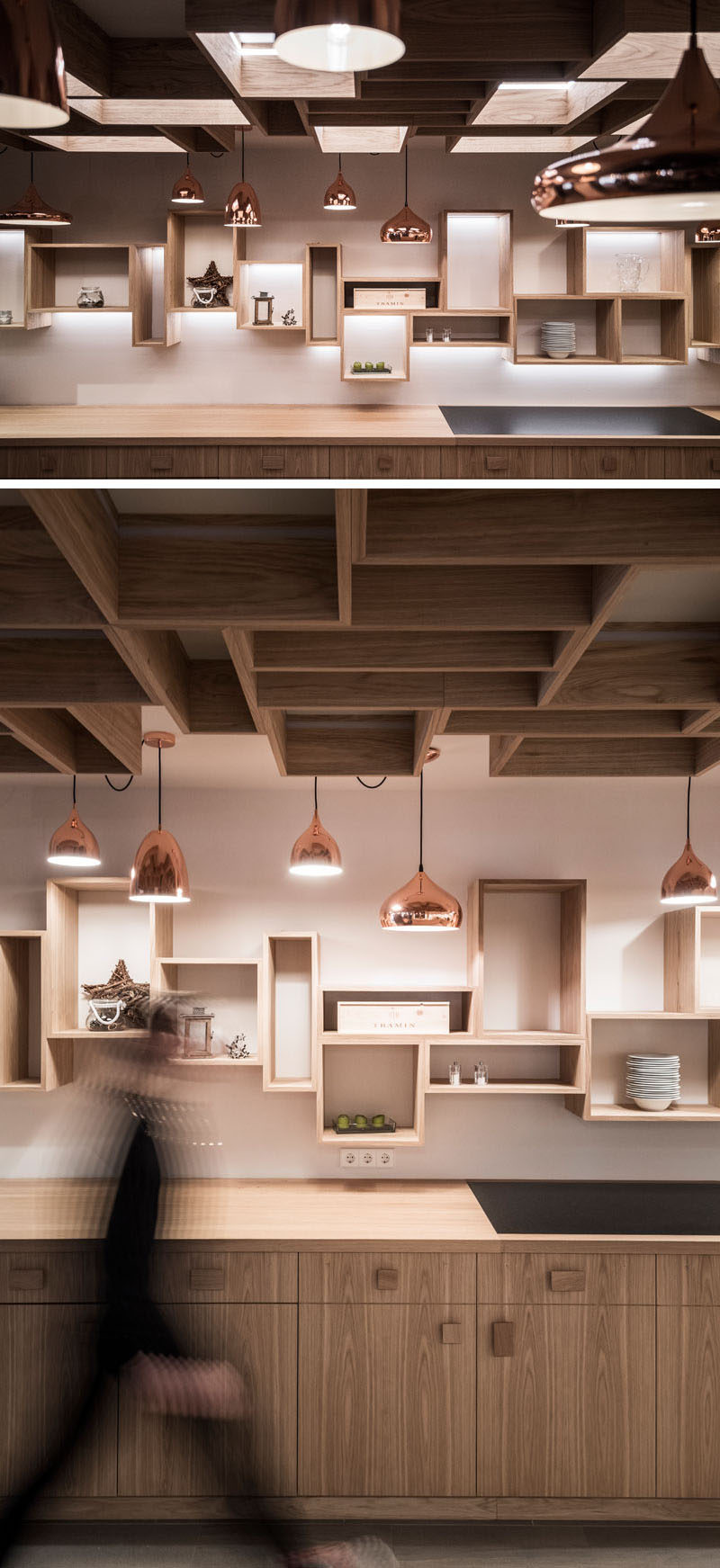 Floating, wood boxes with hidden lighting are attached to the walls and ceiling in this casual restaurant space, while different shaped bronze light fixtures add a metallic touch. 