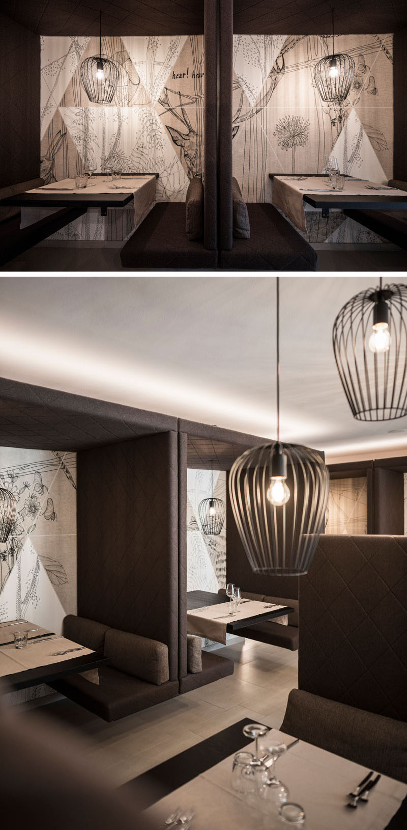 Intimate, floating table nooks stand out in this modern hotel restaurant. Various shades of brown are used for the minimalist furniture, while black is used for the hanging light fixtures, tying them in with the wildlife artwork on the walls. 