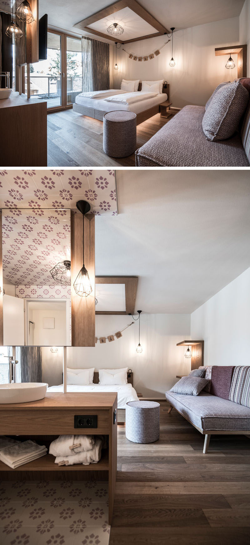 The mauve sofa faces the balcony in this modern hotel room, and matches the color of the floral patterned tiles in the washroom area. Geometric shaped light fixtures, and a glowing LED bed brighten up the room even more. 