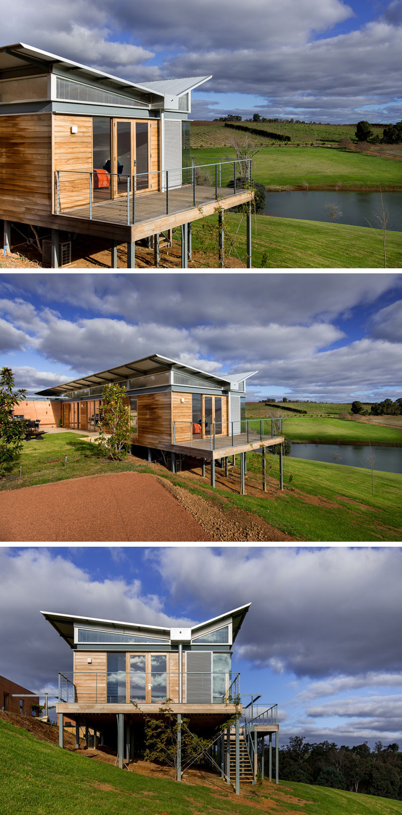 This modern Australian weekender house features a unique butterfly roof that protects it from heavy rains. 